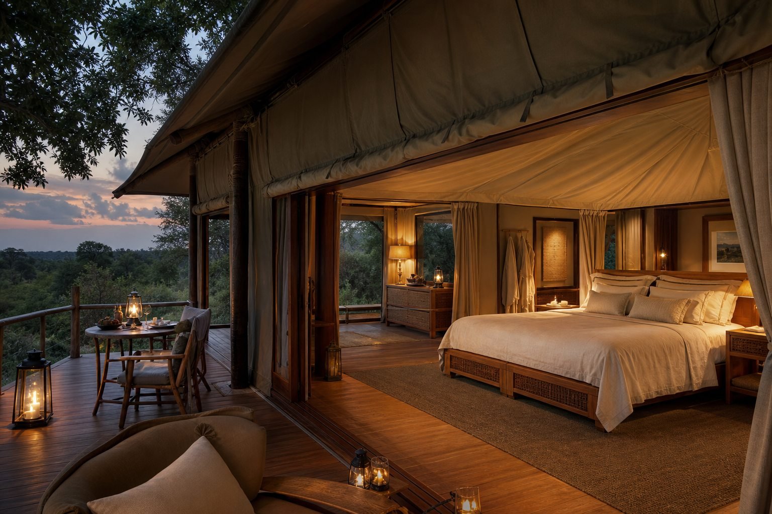 Luxury safari tented suite with lantern light and a bush-view deck.