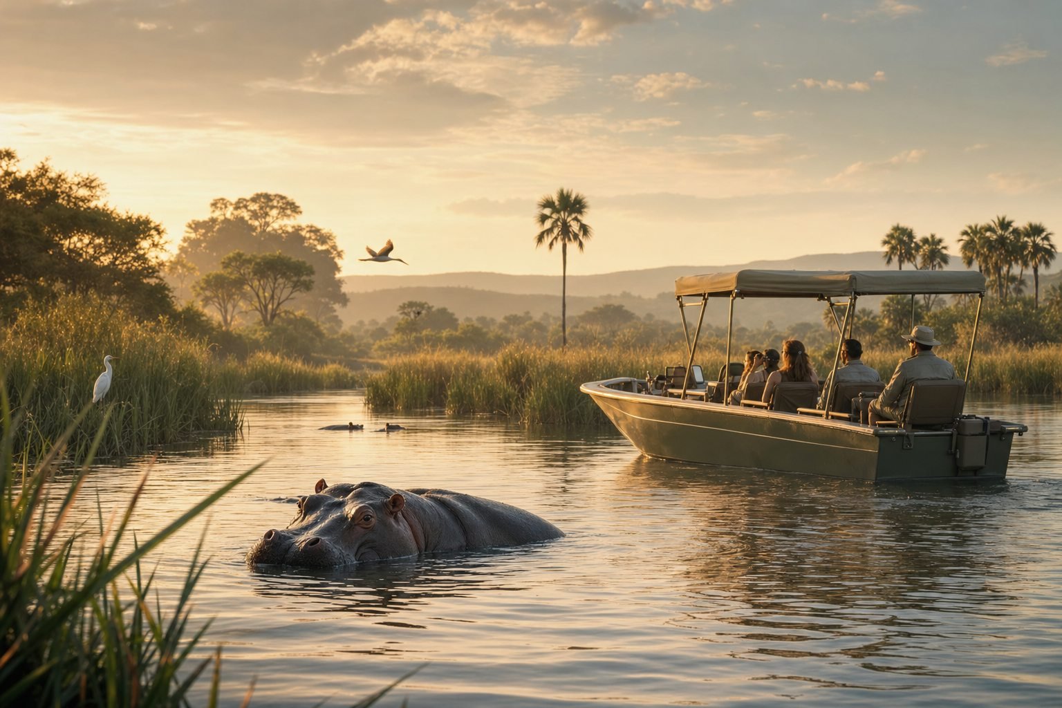 Boat safari gliding past a hippo in southern Tanzania at golden hour.